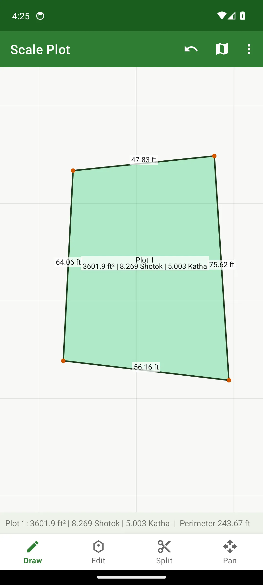 Draw a plot by tapping corners - live side lengths and area