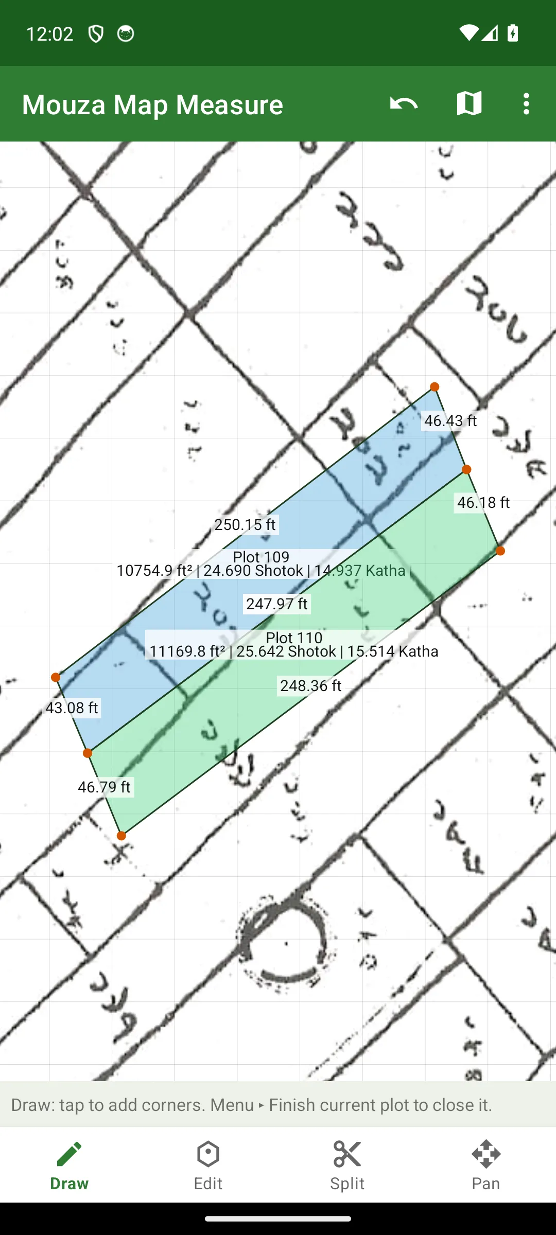 Two plots traced over a real mouza map with live areas
