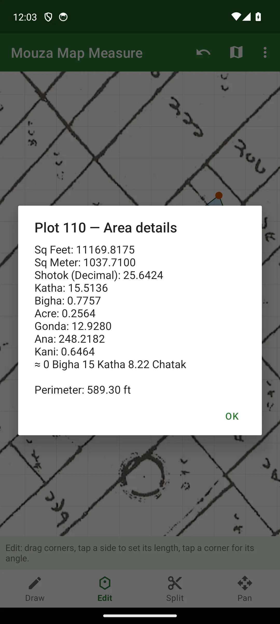 Area details dialog over the mouza map