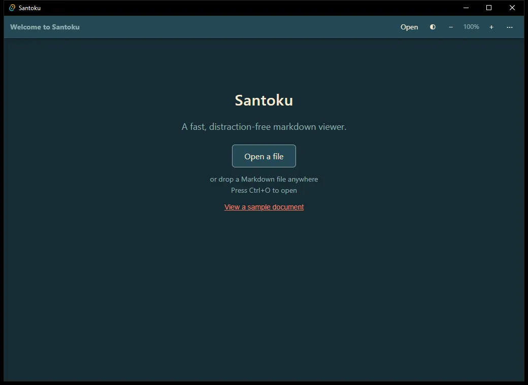 Santoku’s empty state - open a file, or view a sample